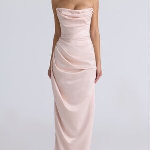 HOUSE OF CB 'Adrienne' Champagne Satin Strapless Gown Size M REG CUP